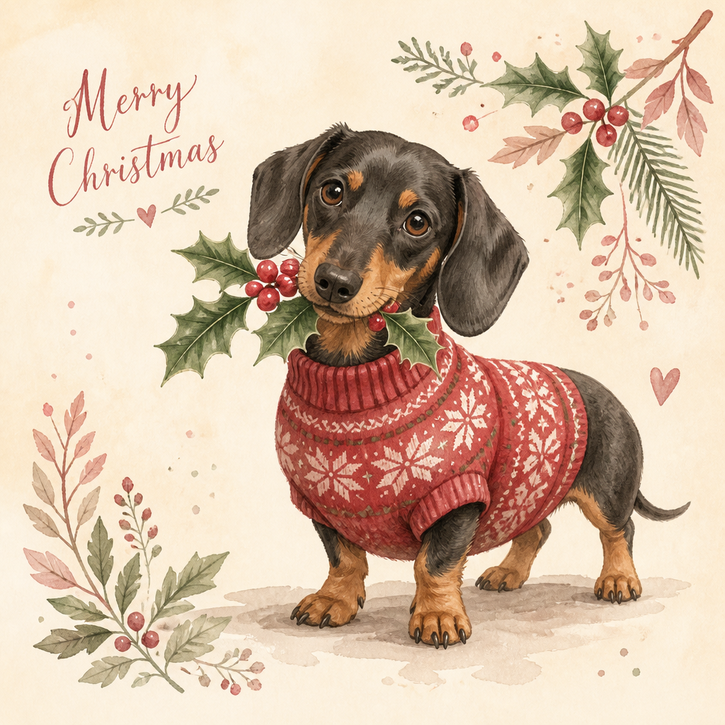 Dachshund in a red Christmas jumper holding holly