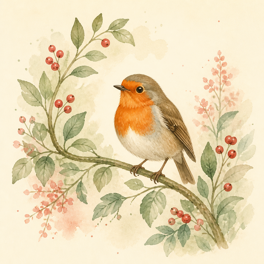 Hand-painted watercolour robin perched on a berry branch